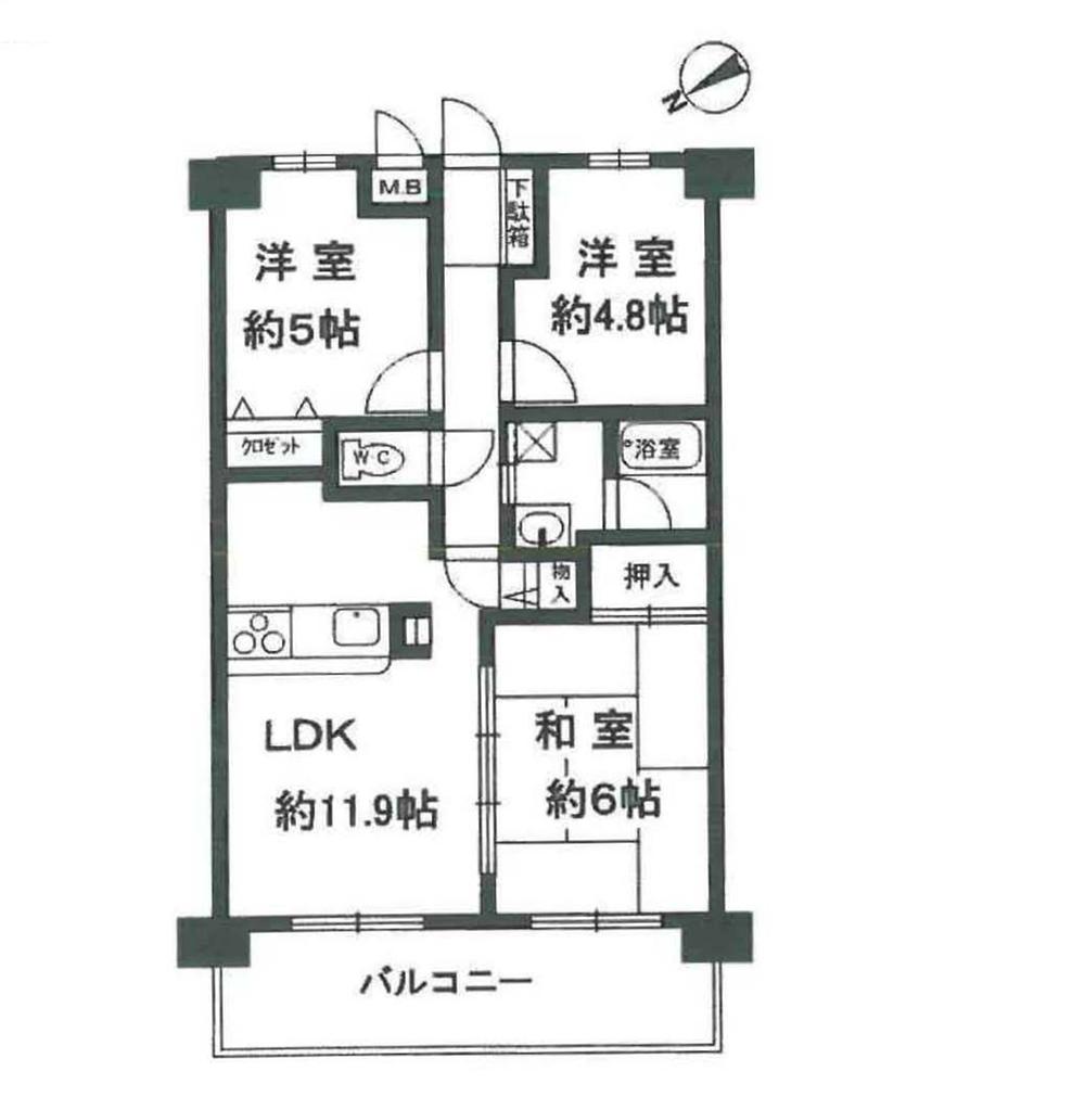 Floor plan. 3LDK, Price 12.8 million yen, Footprint 60.3 sq m , Balcony area 10.26 sq m