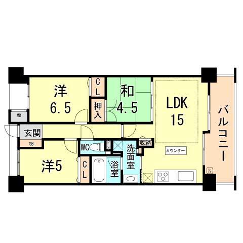 Floor plan. 3LDK, Price 21,800,000 yen, Occupied area 65.08 sq m , Balcony area 10.58 sq m