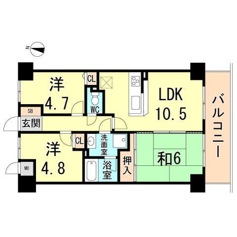 Floor plan. 3LDK, Price 16.8 million yen, Footprint 57.6 sq m , Balcony area 9 sq m