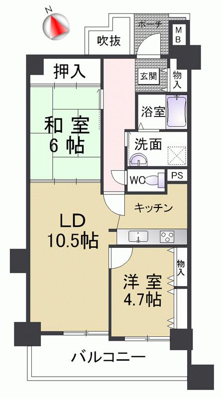 Floor plan. 2LDK, Price 12.8 million yen, Occupied area 61.16 sq m , Hagae to a balcony area 9.87 sq m Flooring, It is pre-renovation, such as cross-Insect