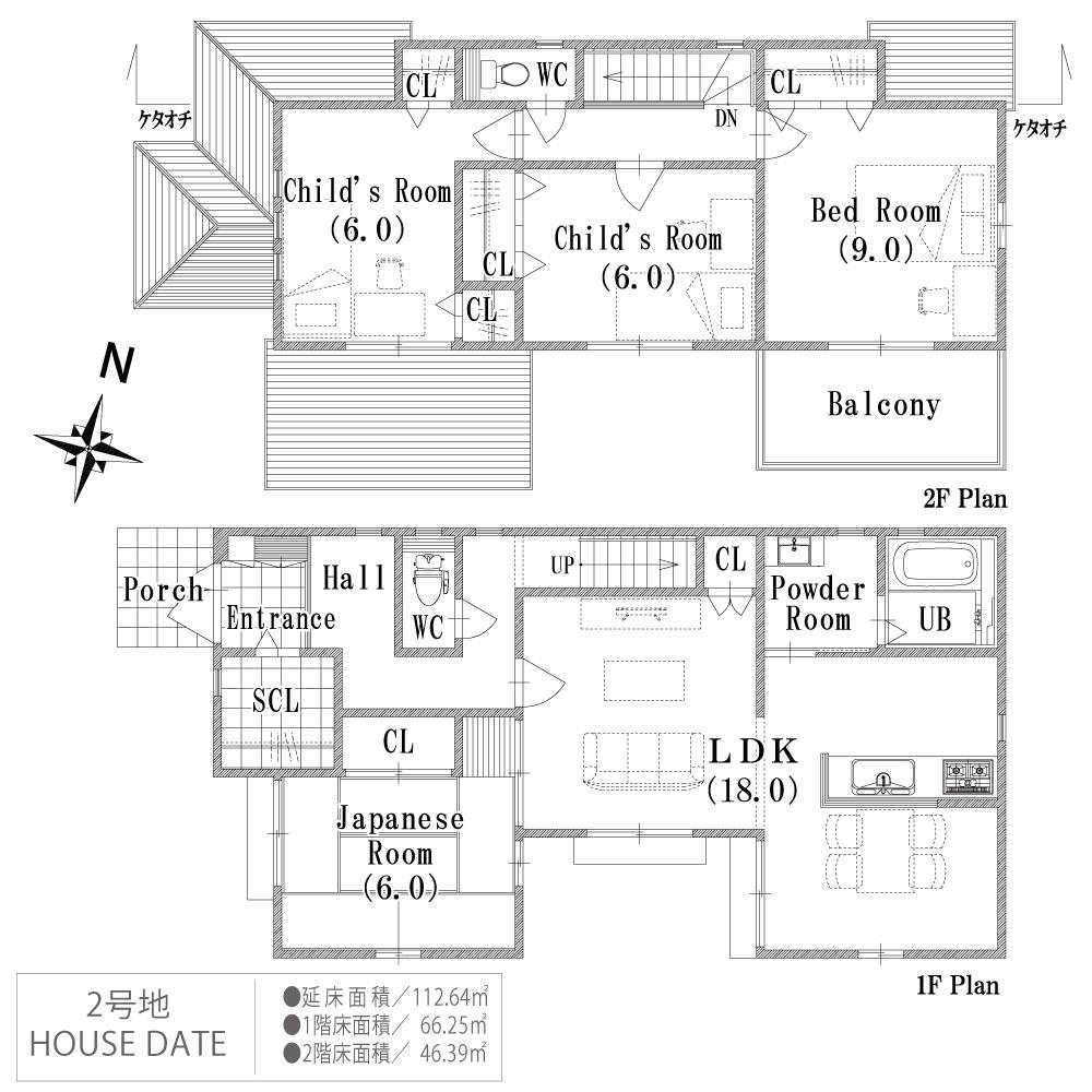 Building plan example (floor plan). Building plan example (No. 2 place) 4LDK, Land price 50,500,000 yen, Land area 170.43 sq m , Building price 24.5 million yen, Building area 112.64 sq m