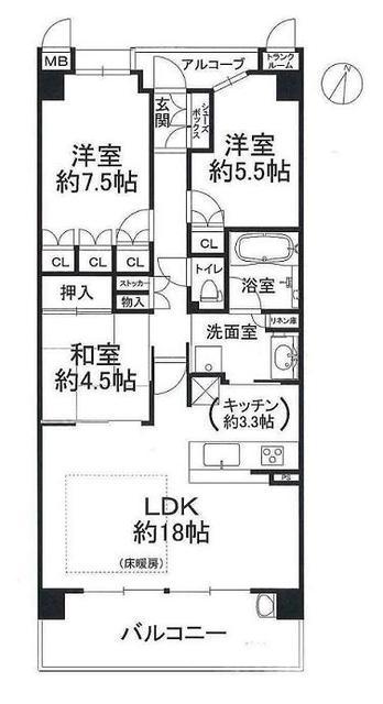 Floor plan. 3LDK, Price 33 million yen, Occupied area 77.78 sq m , Balcony area 12.16 sq m