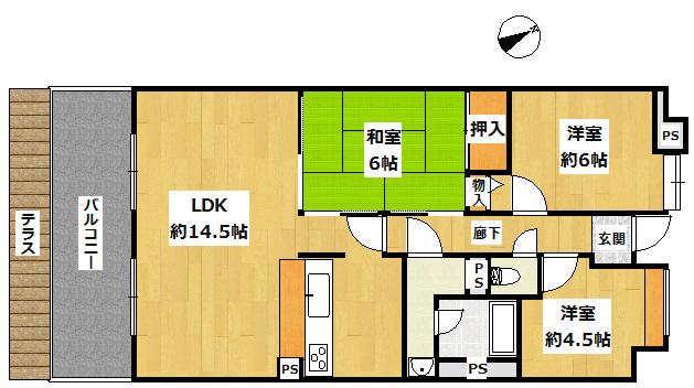 Floor plan. 3LDK, Price 21,800,000 yen, Occupied area 68.37 sq m , Balcony area 9.45 sq m