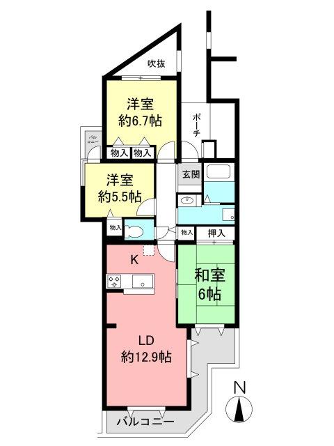 Floor plan. 3LDK, Price 23.5 million yen, Occupied area 75.07 sq m , Balcony area 12.45 sq m