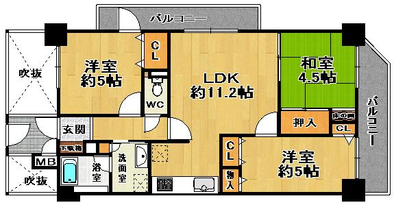 Floor plan. 3LDK, Price 19,800,000 yen, Occupied area 60.57 sq m , Balcony area 13.54 sq m