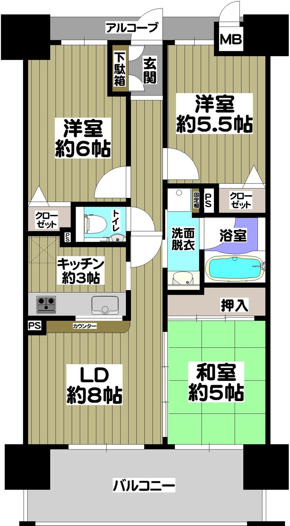 Floor plan. 3LDK, Price 19,800,000 yen, Occupied area 60.54 sq m , Balcony area 11.4 sq m