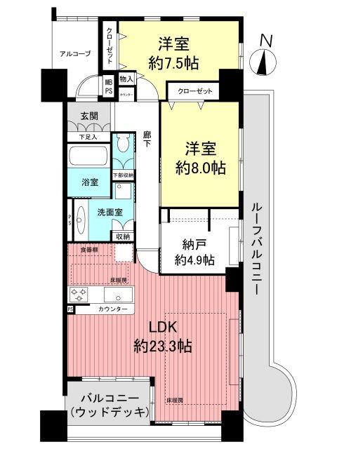 Floor plan. 2LDK + S (storeroom), Price 65,800,000 yen, Occupied area 95.23 sq m , Balcony area 6.9 sq m
