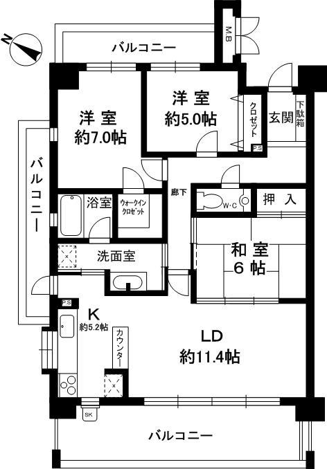 Floor plan. 3LDK, Price 36,800,000 yen, Occupied area 81.05 sq m , Balcony area 27.09 sq m