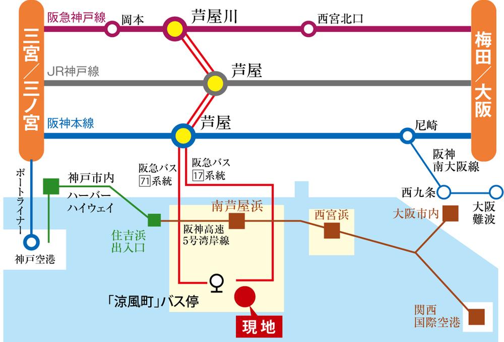 Local guide map. Hankyu "cool breeze-cho" bus stop a 2-minute walk. About 3 minutes by car to the Hanshin Expressway "south Ashiyahama" doorway. 