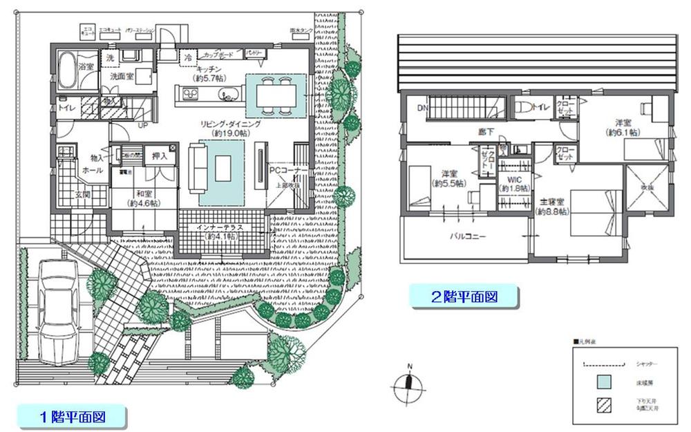 Floor plan. 1590m sidewalk until the Municipal Tide kindergarten ・ Green road does not pass through the car, Footbridge has been developed it is easy to public kindergarten kindergarten. 