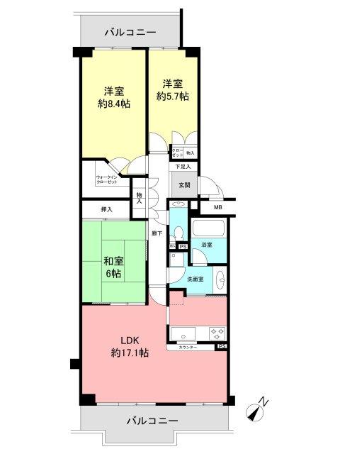 Floor plan. 3LDK, Price 44,800,000 yen, Occupied area 83.71 sq m , Balcony area 15.49 sq m
