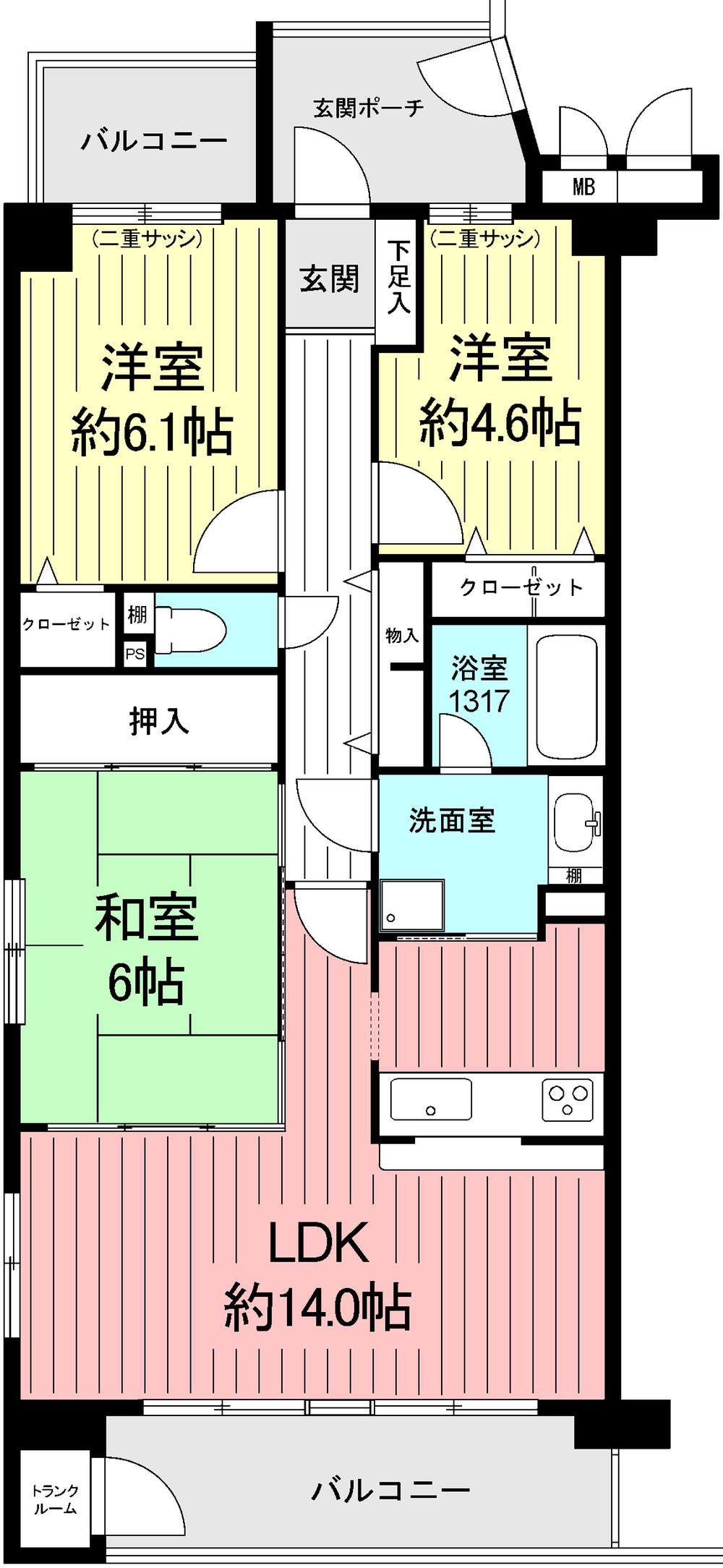 Floor plan. 3LDK, Price 29,700,000 yen, Footprint 70.2 sq m , Balcony area 11.21 sq m southwest corner room  South ・ West ・ Opening to the north of the three-way (window) is located ventilation good