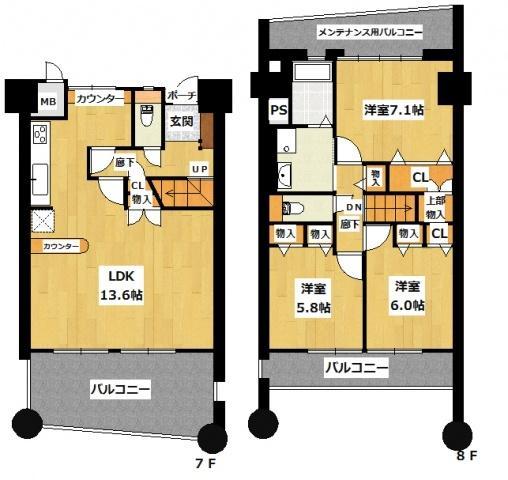Floor plan. 3LDK, Price 36,800,000 yen, Occupied area 91.04 sq m , Balcony area 21.82 sq m