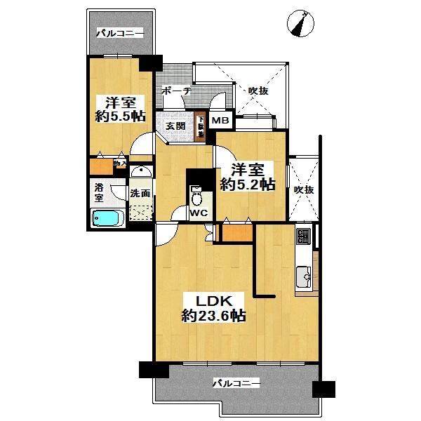 Floor plan. 2LDK, Price 24,800,000 yen, Occupied area 72.26 sq m , Balcony area 13.08 sq m