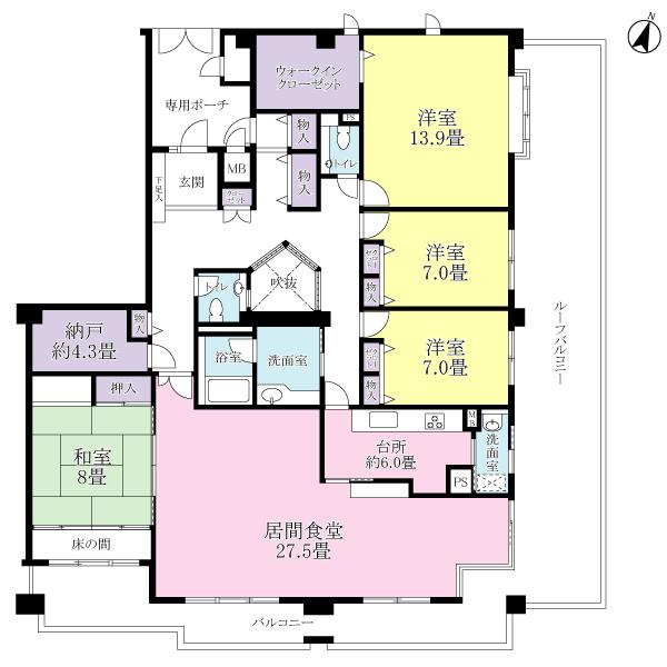 Floor plan. 4LDK + S (storeroom), Price 59,800,000 yen, Footprint 185.38 sq m , Is a floor plan of the balcony area 23.89 sq m 4LDK + storeroom