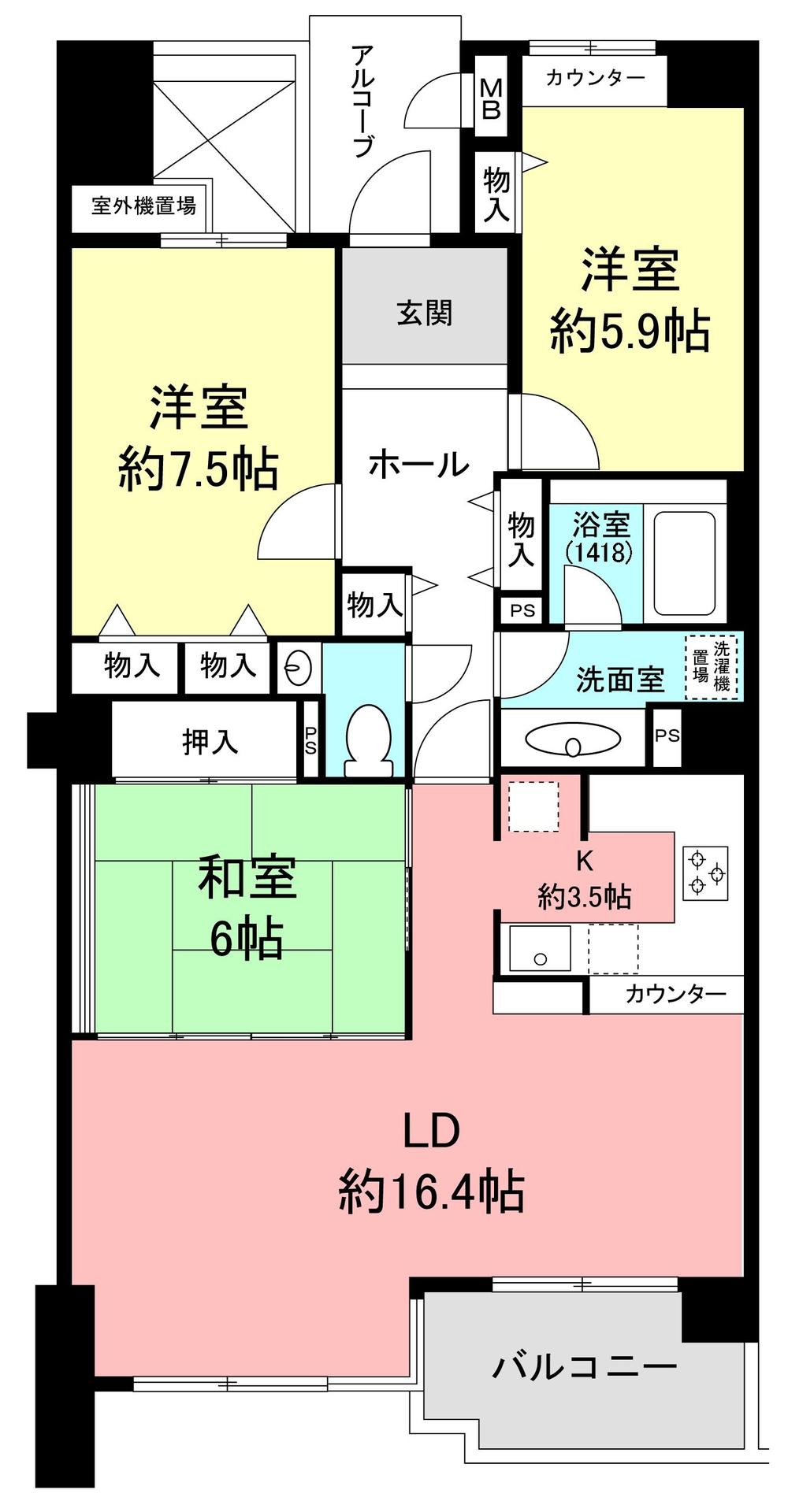 Floor plan. 3LDK, Price 25,700,000 yen, Occupied area 87.65 sq m , Balcony area 6.15 sq m south-facing bright rooms, Privacy is also secured in Arukopu and Fukinuki from the corridor
