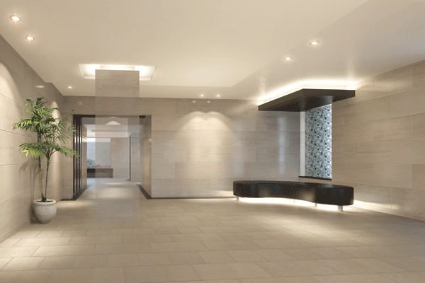 Buildings and facilities. In natural stone stuck space was continuously the texture of the exterior design, To artistic wall accents. Delicate lighting plan we have extended atmosphere of relaxation (Entrance Hall Rendering)