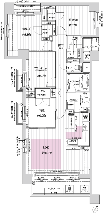 Floor: 4LDK (5F), the occupied area: 101.05 sq m, Price: 55.9 million yen