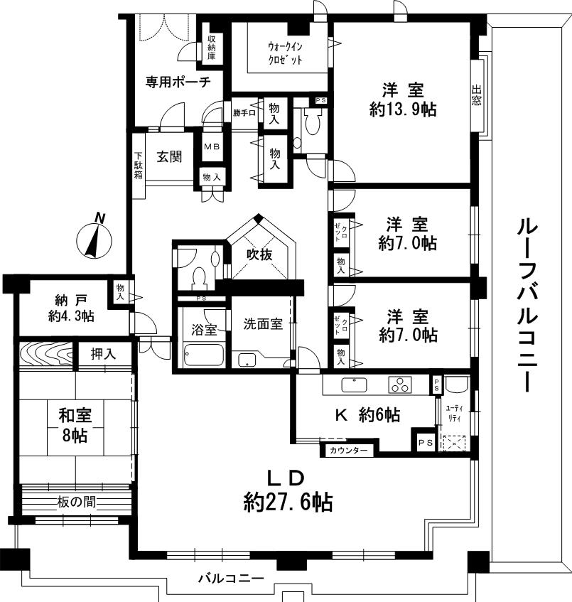 Floor plan. 4LDK + S (storeroom), Price 59,800,000 yen, Footprint 185.38 sq m , Balcony area 23.89 sq m