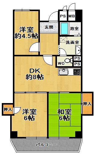 Floor plan. 3DK, Price 12.8 million yen, Occupied area 58.29 sq m , Balcony area 6.66 sq m