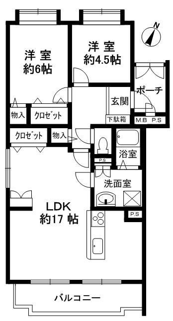 Floor plan. 2LDK, Price 18,800,000 yen, Occupied area 65.32 sq m , Balcony area 7.33 sq m