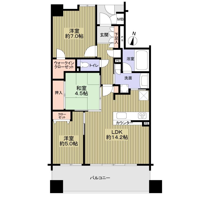 Floor plan. 3LDK, Price 45,800,000 yen, Occupied area 70.85 sq m , Balcony area 13.3 sq m