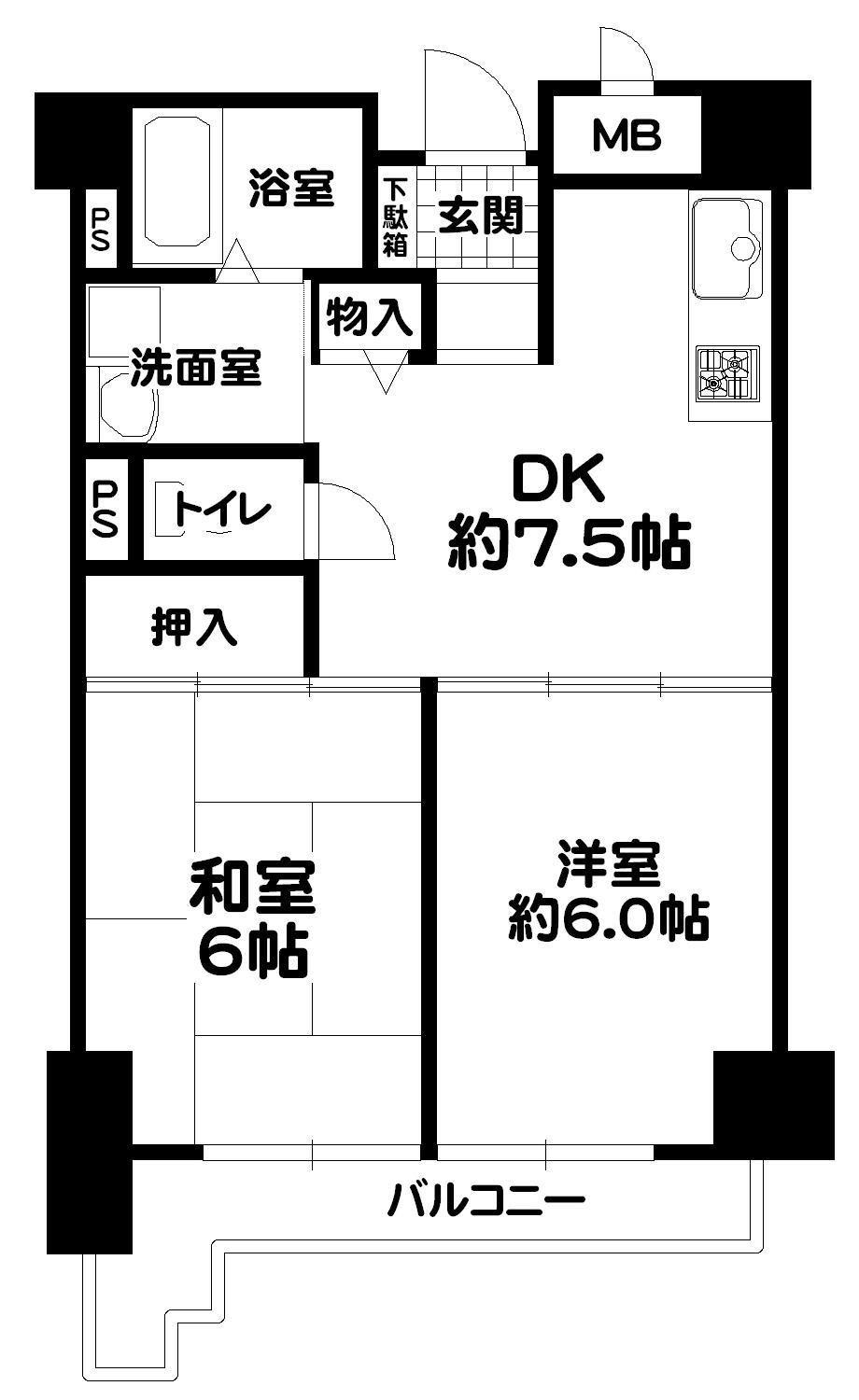 Floor plan. 2DK, Price 13.8 million yen, Occupied area 43.26 sq m , Balcony area 6.38 sq m