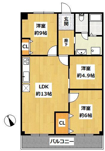 Floor plan. 3LDK, Price 13.8 million yen, Footprint 63.7 sq m , Balcony area 7.04 sq m