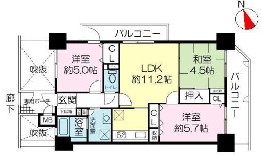Floor plan. 3LDK, Price 19,800,000 yen, Occupied area 60.57 sq m , Balcony area 13.54 sq m northeast corner room, It goes out to a balcony from each room