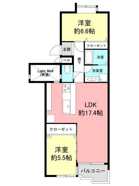 Floor plan. 2LDK, Price 25,500,000 yen, Occupied area 66.34 sq m , Balcony area 3.76 sq m