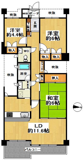 Floor plan. 3LDK, Price 16 million yen, Occupied area 74.02 sq m , Balcony area 9.42 sq m