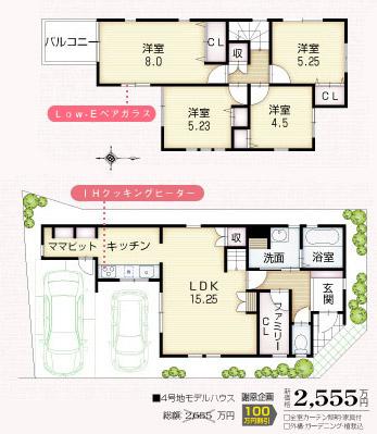 Other.  ・ Solar power generation system installed ・ All-electric eco specification ・ IH cooking heater ・ With Cute ・ All window Low-E pair glass ・ Next-generation energy-saving specifications ・ Dishwasher kitchen etc ... (No. 4 destination model house)