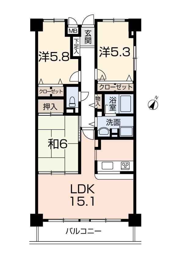 Floor plan. 3LDK, Price 5.9 million yen, Footprint 71.3 sq m , Balcony area 9 sq m 3LDK