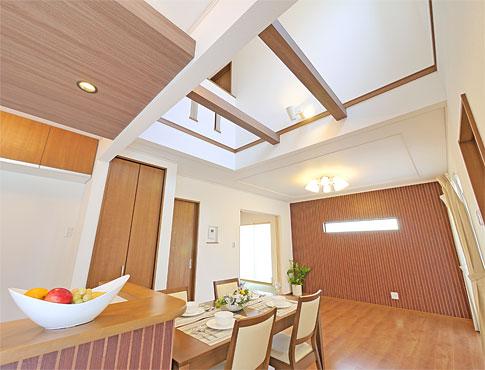 Model house photo.  [No. 9 areas ・ Model house] Airy atrium living, A stylish kitchen the whole family of the recreation office. 