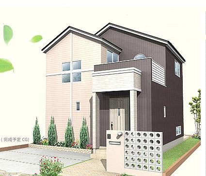 Rendering (appearance).  [No. 4 place ・ Model house]  □ Site area: 140.30m2 □ Building area: 97.71m2 □ Solar power + Cute with all-electric specification