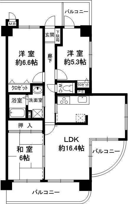 Floor plan. 3LDK, Price 9.89 million yen, Footprint 73.4 sq m , Balcony area 18.04 sq m