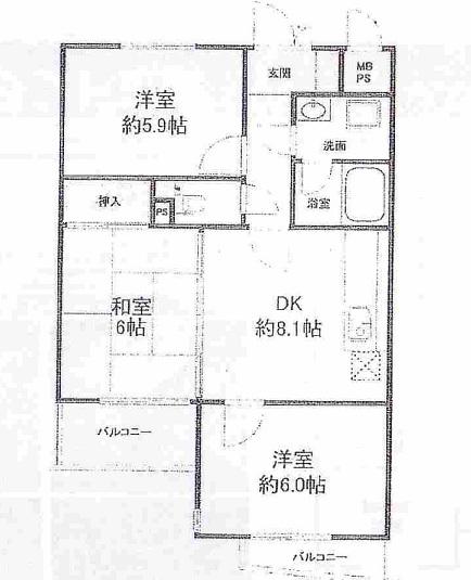 Floor plan. 3DK, Price 11.8 million yen, Occupied area 44.08 sq m , Balcony area 5.77 sq m