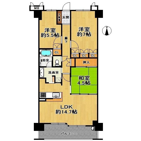 Floor plan. 3LDK, Price 22,200,000 yen, Footprint 70.9 sq m , Balcony area 10.85 sq m