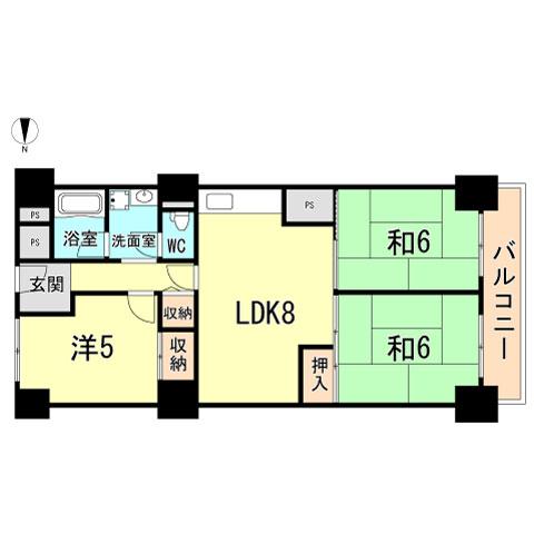 Floor plan. 3LDK, Price 9.5 million yen, Occupied area 63.25 sq m , Balcony area 7.42 sq m