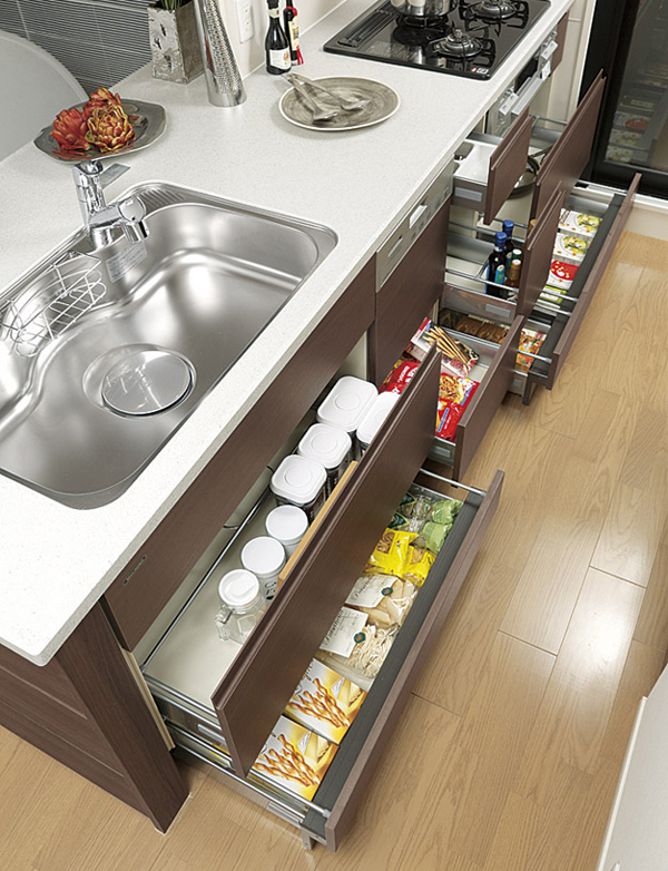 Kitchen.  [All slide storage] Stored items are out easily all slide cabinet. It is gently closed with soft closing function (same specifications)