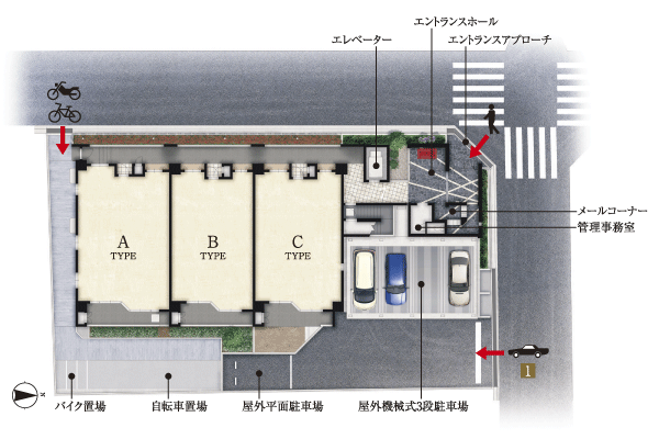 Features of the building.  [Land Plan] Houses placement of eastward to corner lot of 2 interview road can enjoy the sense of openness. People and car, bike ・ Divided on-site flow line of the bicycle, respectively, It has been with the flow line plan that can pass at any time with confidence (site layout)