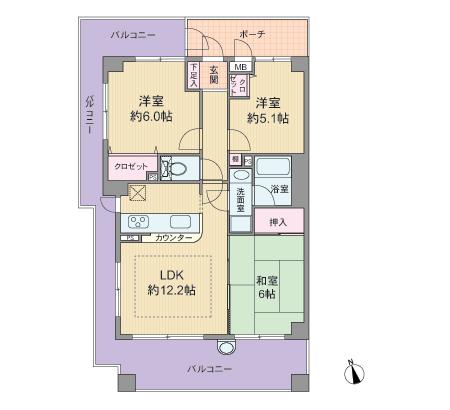 Floor plan. 3LDK, Price 18,800,000 yen, Occupied area 63.63 sq m , Balcony area 26.59 sq m