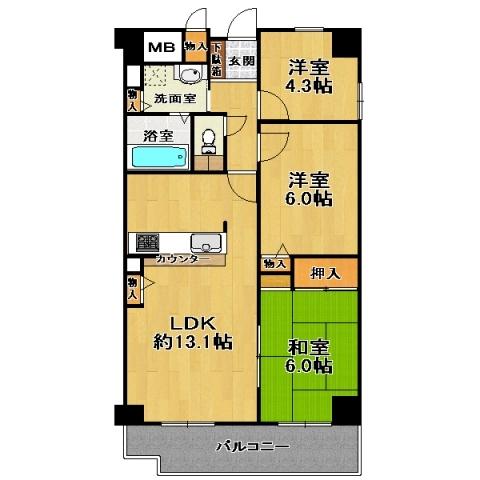 Floor plan. 3LDK, Price 13 million yen, Occupied area 63.01 sq m , Day is good per balcony area 12.35 sq m two-sided balcony