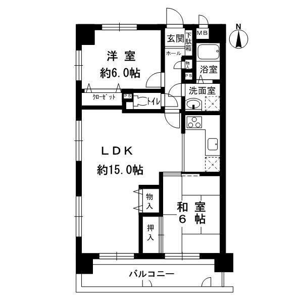 Floor plan. 2LDK, Price 12.8 million yen, Occupied area 62.37 sq m , Balcony area 9.45 sq m