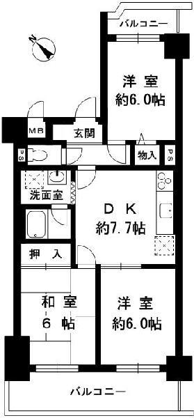 Floor plan. 3DK, Price 9.2 million yen, Occupied area 57.36 sq m , Balcony area 13.7 sq m