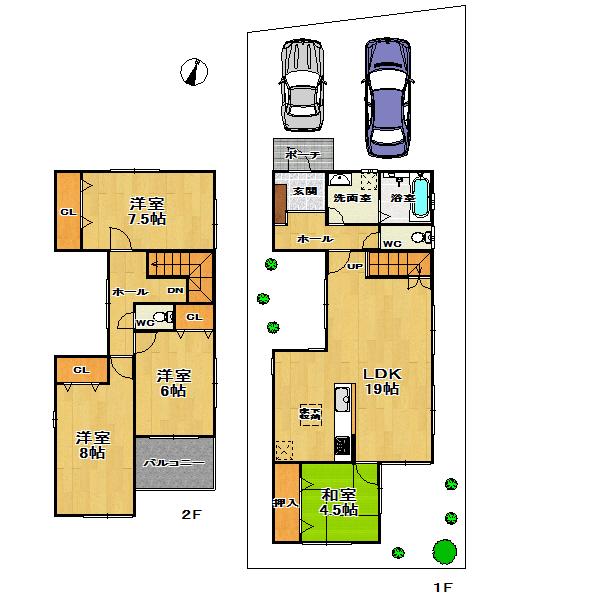 Compartment view + building plan example. Building plan example (B No. land) 4LDK, Land price 23.8 million yen, Land area 137.13 sq m , Building price 12 million yen, Building area 106.11 sq m