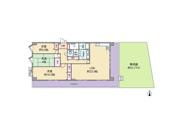 Floor plan. 3LDK, Price 23.8 million yen, Footprint 102.16 sq m , Balcony area 33.45 sq m