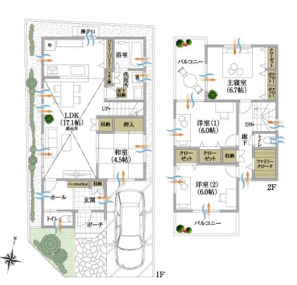 Compartment view + building plan example. Building plan example (No. 1 place) 4LDK, Land price 25,007,000 yen, Land area 100.16 sq m , Building price 20,067,000 yen, Building area 102.05 sq m