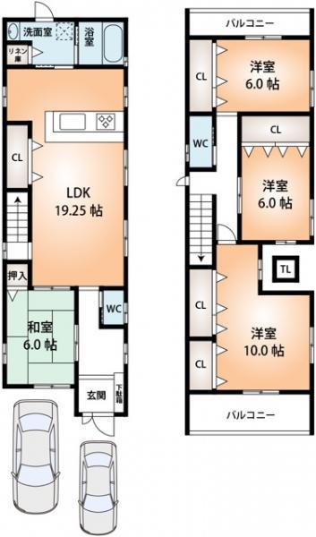 Floor plan. 33,900,000 yen, 4LDK, Land area 115.71 sq m , Building area 115.83 sq m   [Floor plan] 4LDK + parking two, Since the double-sided balcony, Lighting is also good. 