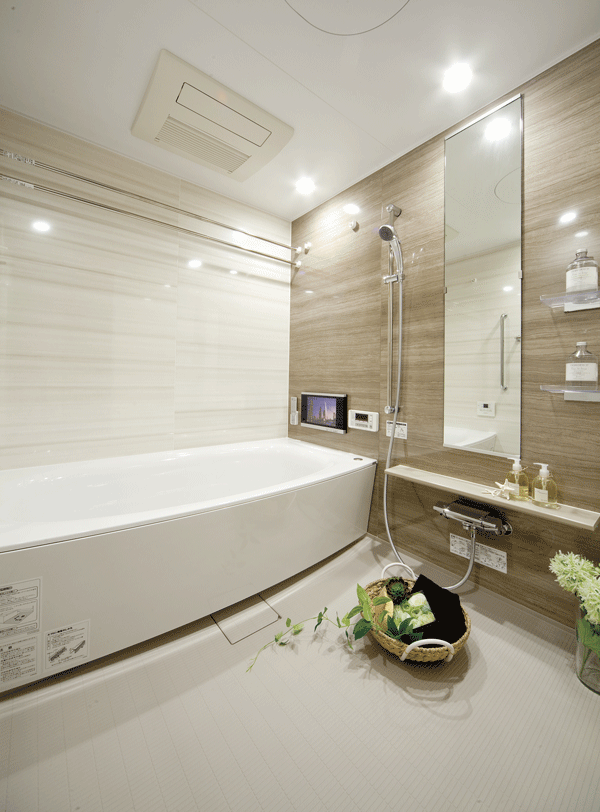 Bathing-wash room.  [bathroom] To enjoy the elegant bath time, Coordinated bathrooms are chic color ring. Useful counter to the storage of healing mist Kawakku enhance moments and bath goods, Storage shelves are also standard equipment (A type model room)